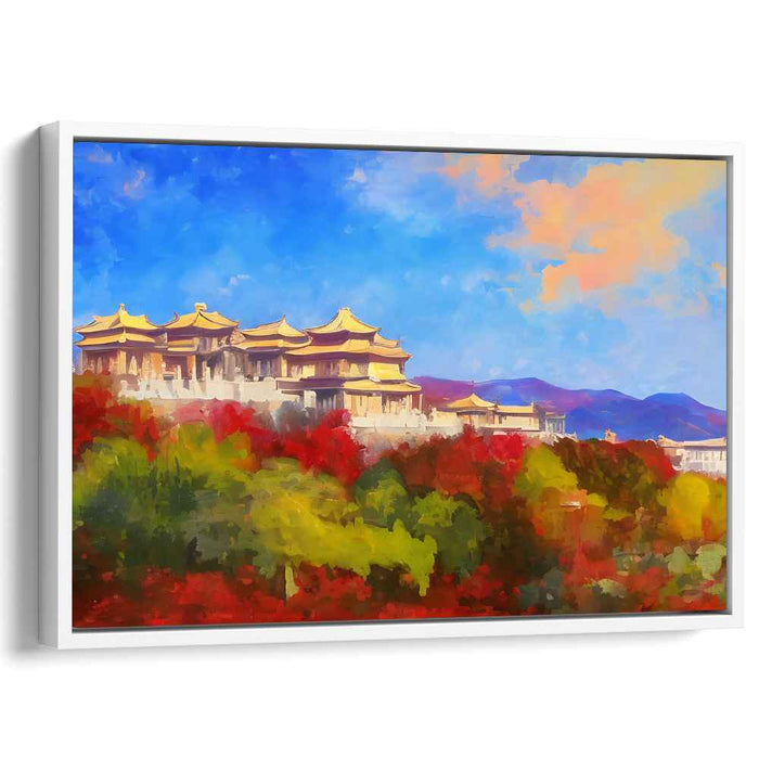 Ethereal Tranquil Templescape: Impressionist Temple Landscape Canvas Art Print