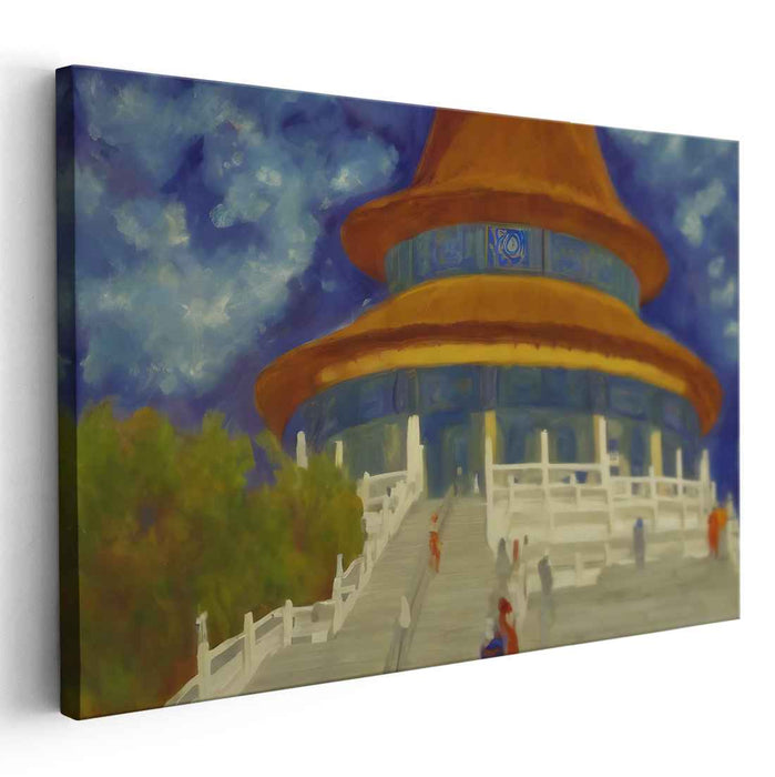 Oriental Elegance in Clouds: Enchanting Asian Pagoda Under a Dramatic Sky Canvas Art