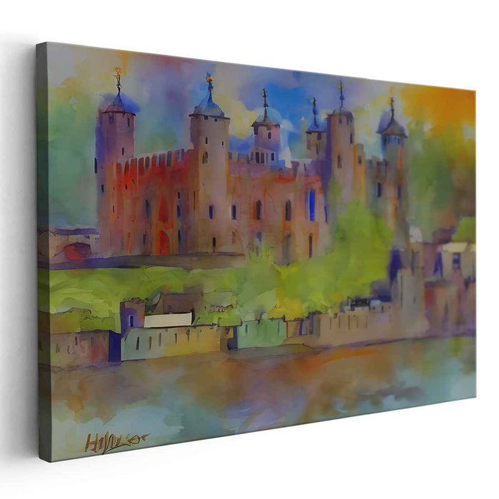 Aqua Citadel Impressions: Watercolor Castle Landscape Art Print