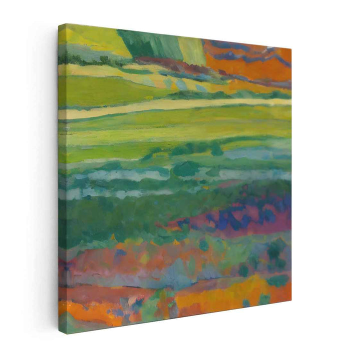 Flame Dance Over Verdant Hills: Abstract Landscape in Lush Green and Fiery Orange