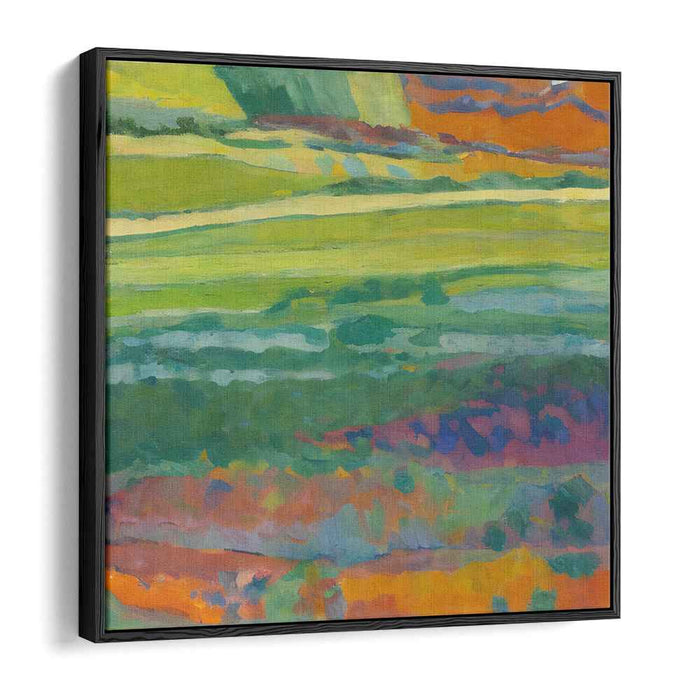 Flame Dance Over Verdant Hills: Abstract Landscape in Lush Green and Fiery Orange