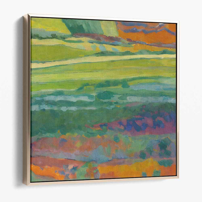 Flame Dance Over Verdant Hills: Abstract Landscape in Lush Green and Fiery Orange