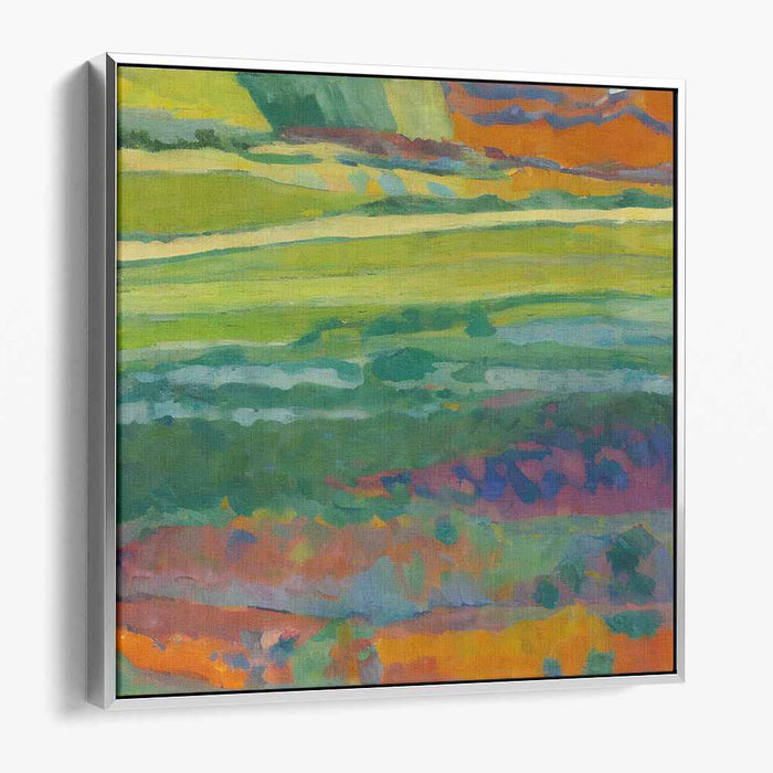 Flame Dance Over Verdant Hills: Abstract Landscape in Lush Green and Fiery Orange