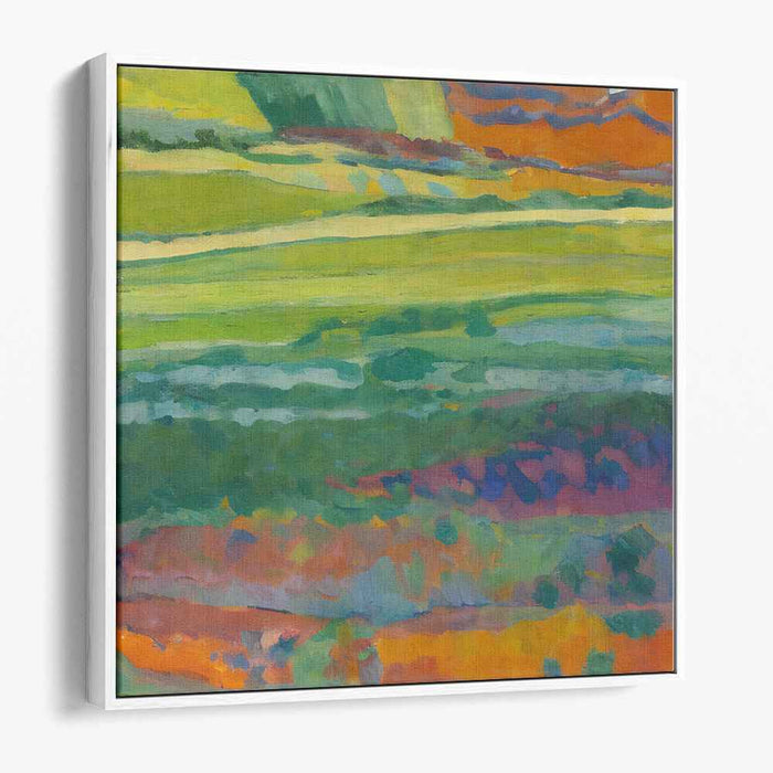 Flame Dance Over Verdant Hills: Abstract Landscape in Lush Green and Fiery Orange