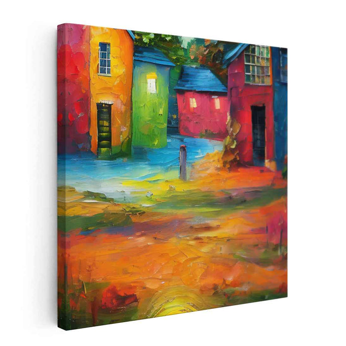 Impressionist Urban Spectrum: Post-Impressionist Colorful Houses Canvas Art Print