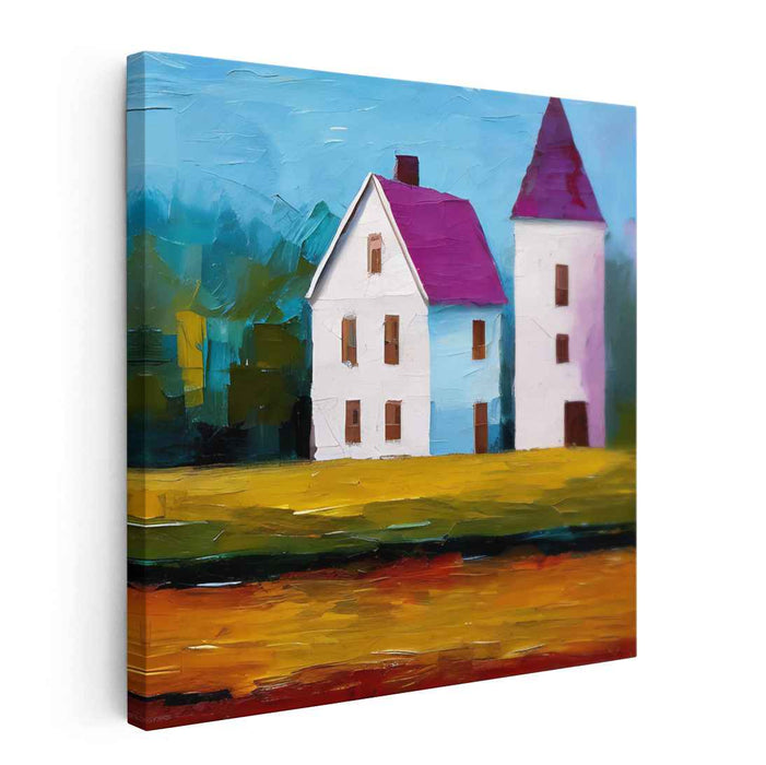 Homestead Reverie: Vibrant Country Houses Landscape Canvas Art Print