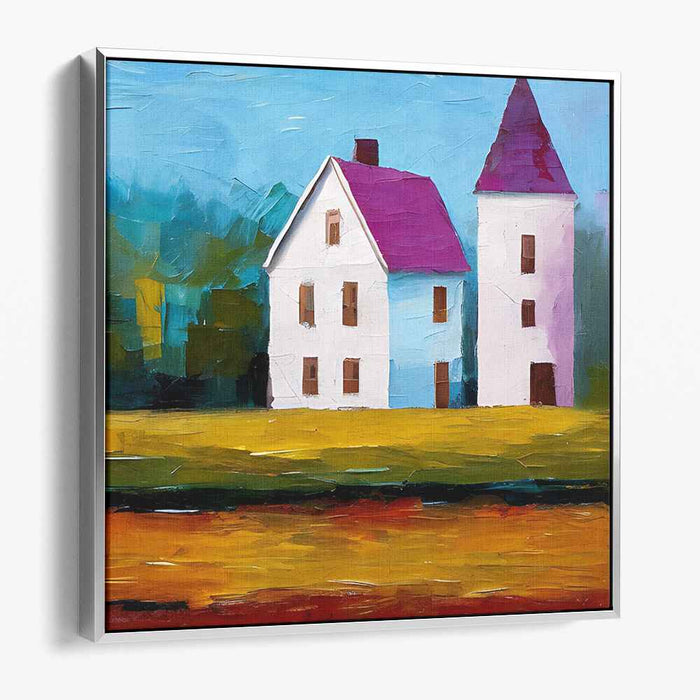 Homestead Reverie: Vibrant Country Houses Landscape Canvas Art Print