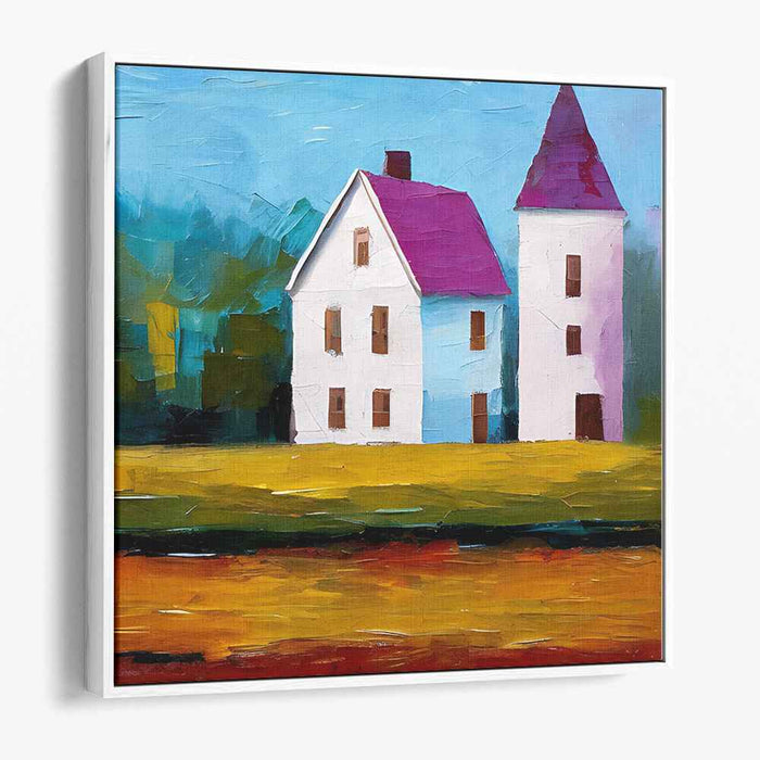 Homestead Reverie: Vibrant Country Houses Landscape Canvas Art Print