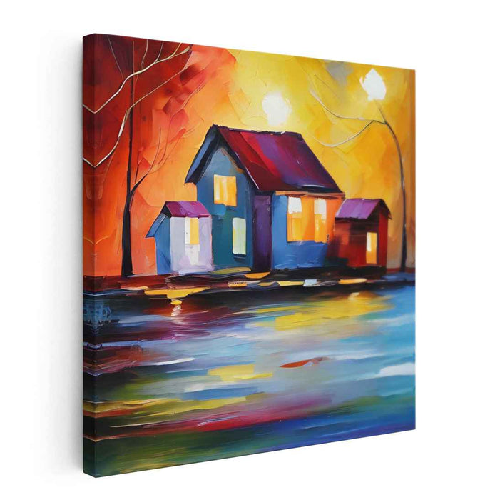 Luminous Retreat: Colorful Expressionist Lakeside Home Canvas Art