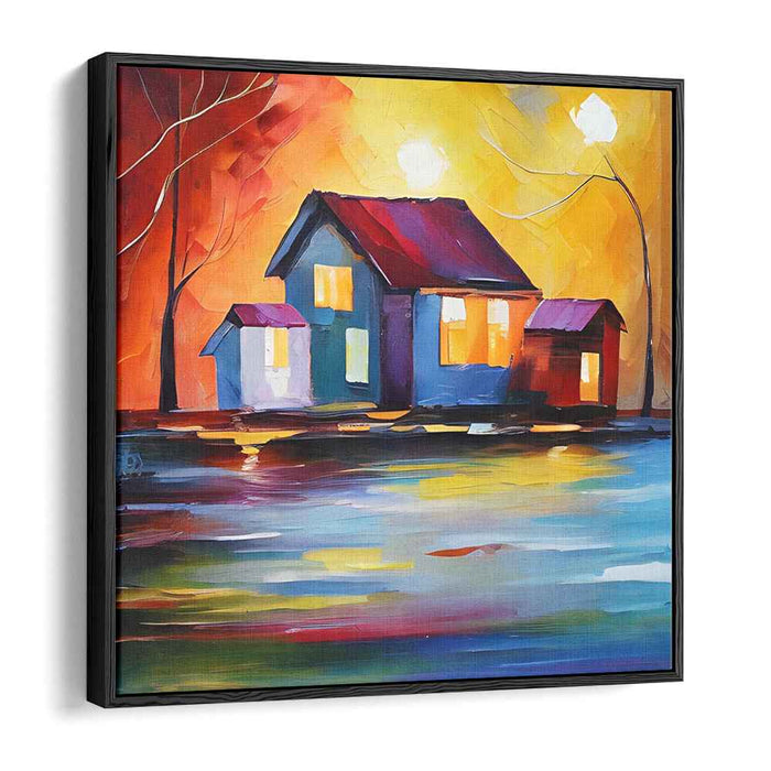 Luminous Retreat: Colorful Expressionist Lakeside Home Canvas Art