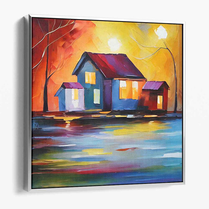 Luminous Retreat: Colorful Expressionist Lakeside Home Canvas Art