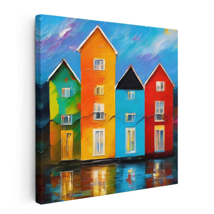 Vibrant Village Expression: Expressive Fauvist Colorful Houses Canvas Art Print