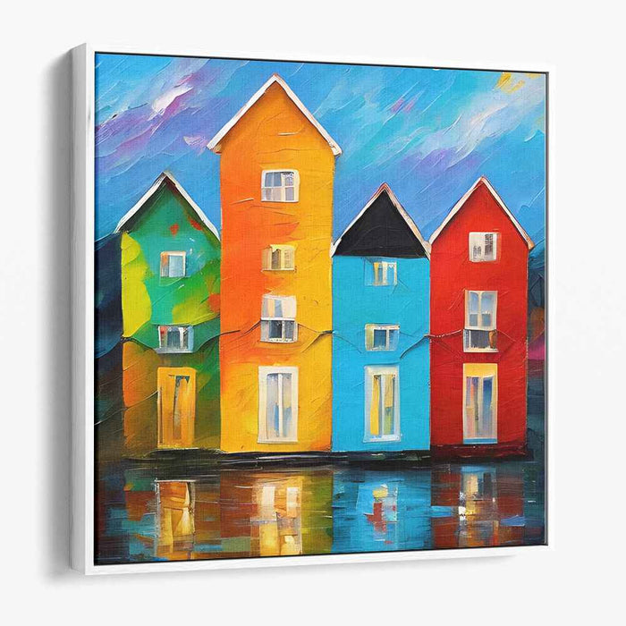 Vibrant Village Expression: Expressive Fauvist Colorful Houses Canvas Art Print