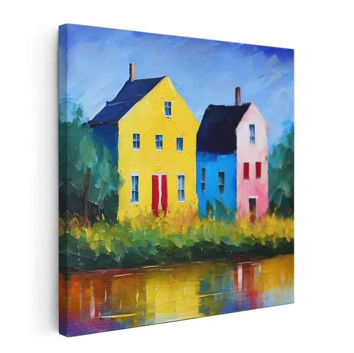 Waterfront Quaint Abodes: Colorful Houses Reflected in Water