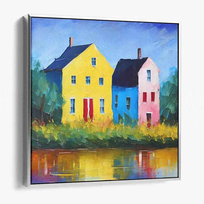 Waterfront Quaint Abodes: Colorful Houses Reflected in Water