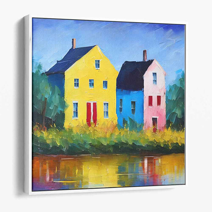 Waterfront Quaint Abodes: Colorful Houses Reflected in Water