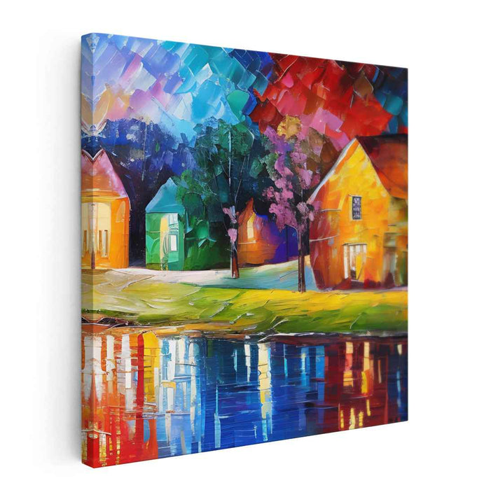 Moonlit Village Whispers: Vibrant Lakeside Village Nightscape