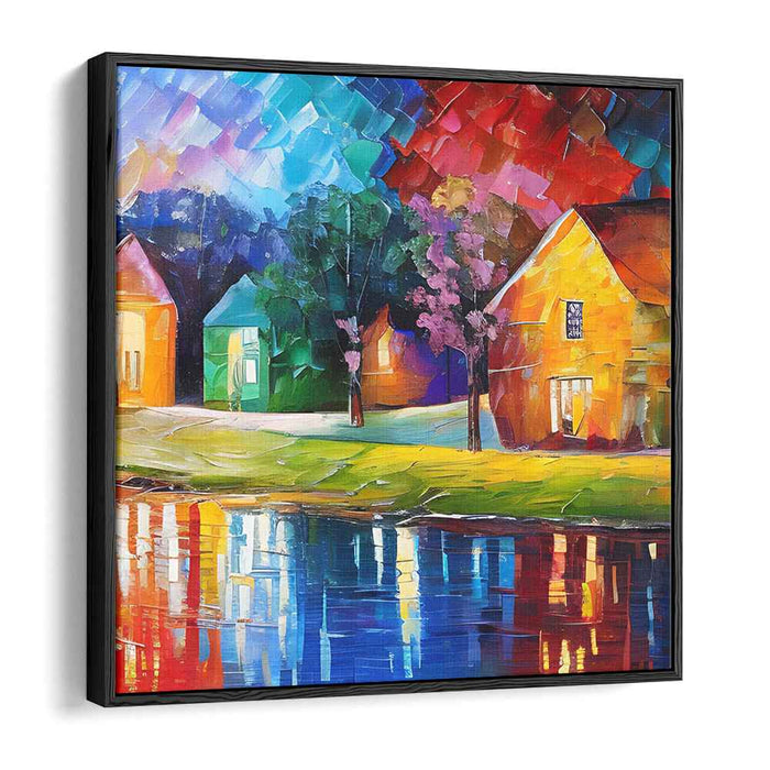 Moonlit Village Whispers: Vibrant Lakeside Village Nightscape