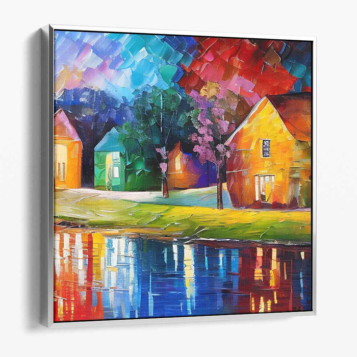 Moonlit Village Whispers: Vibrant Lakeside Village Nightscape