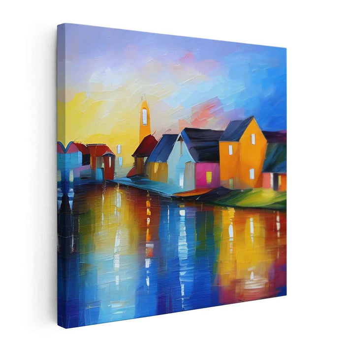 Dusk in Tiny Town: Vibrant Village Sunset Canvas Art Print