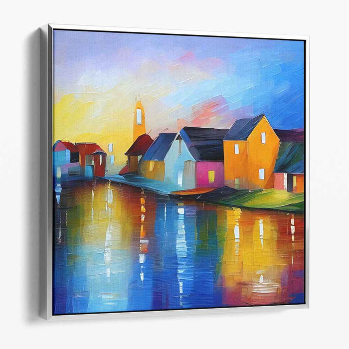 Dusk in Tiny Town: Vibrant Village Sunset Canvas Art Print