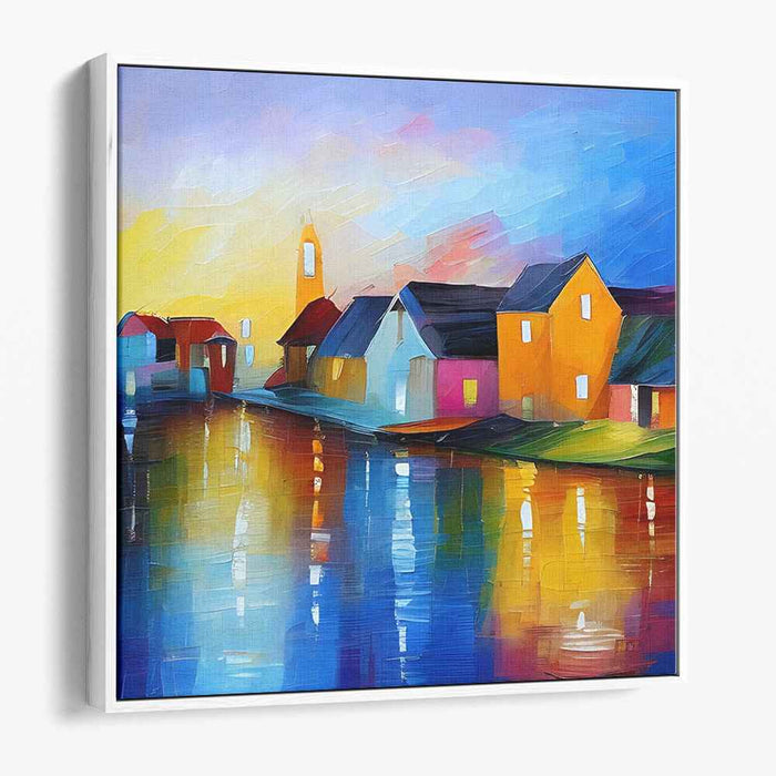 Dusk in Tiny Town: Vibrant Village Sunset Canvas Art Print