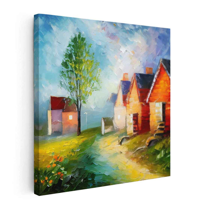 Sunset Strokes Village: Impressionist Village Canvas Art Print
