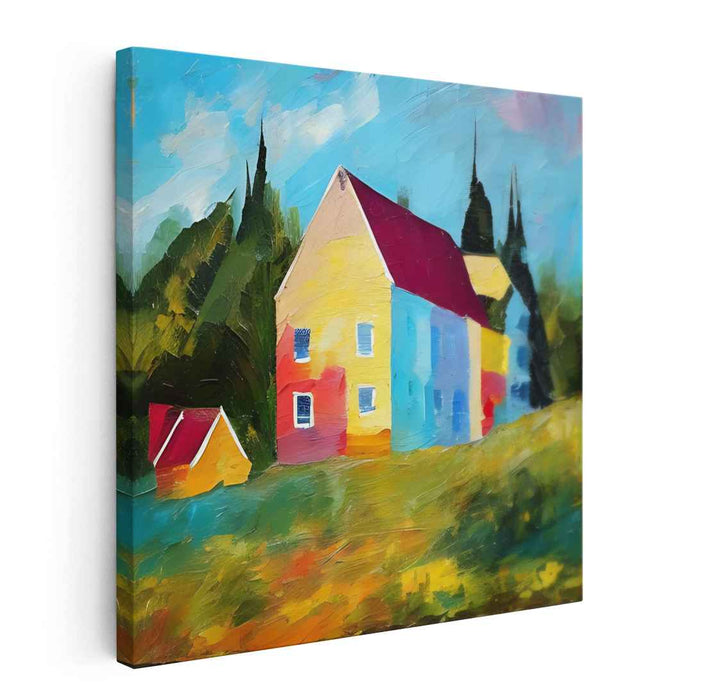 Vibrant Countryside Reverie: Bold and Colorful Rural Scene Canvas Art Print