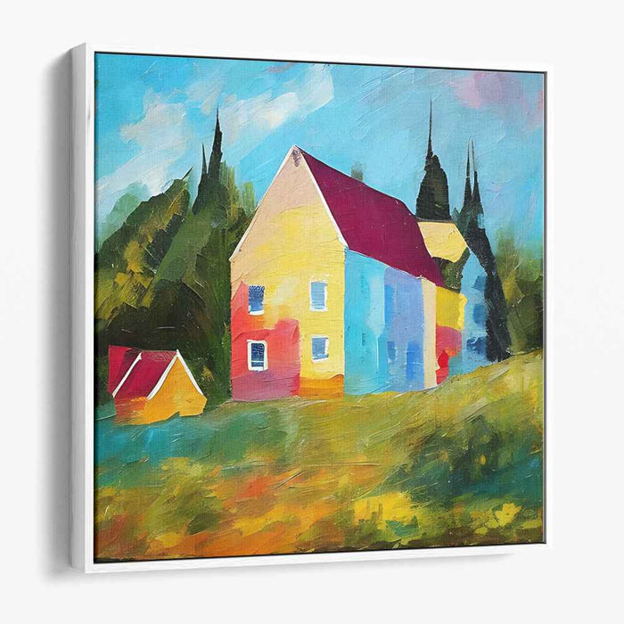 Vibrant Countryside Reverie: Bold and Colorful Rural Scene Canvas Art Print