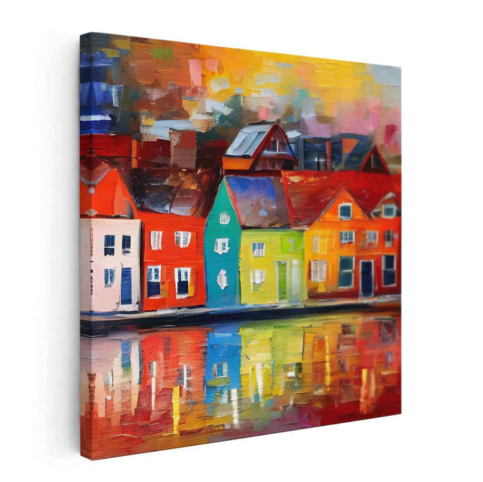 Sails Of Spectrum Harbor: Vibrant Waterfront Townscape Canvas Art