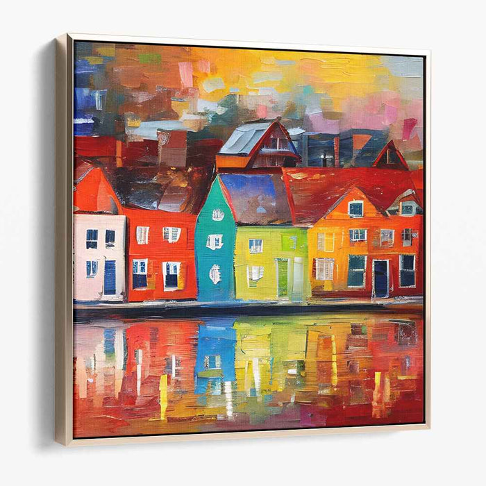 Sails Of Spectrum Harbor: Vibrant Waterfront Townscape Canvas Art