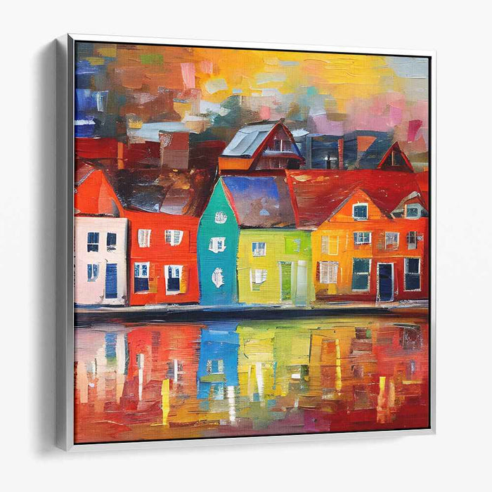 Sails Of Spectrum Harbor: Vibrant Waterfront Townscape Canvas Art