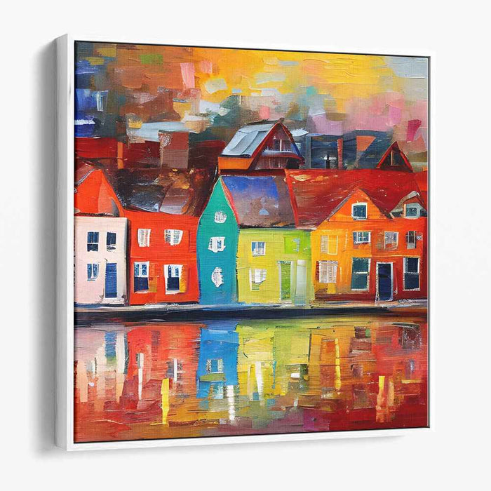 Sails Of Spectrum Harbor: Vibrant Waterfront Townscape Canvas Art