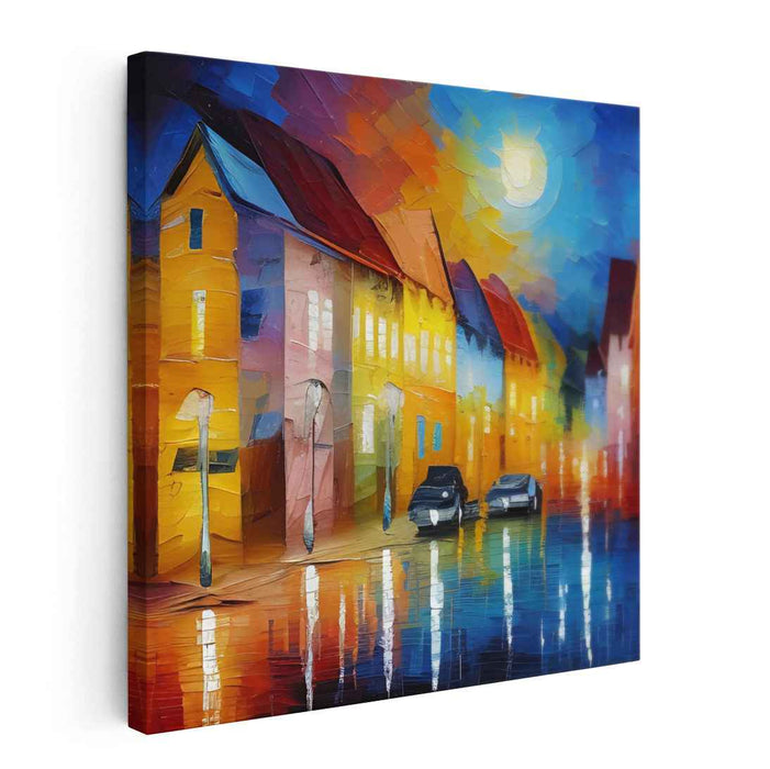 Moonlit Reflections: Vibrant Night Street Scene Canvas Art Print