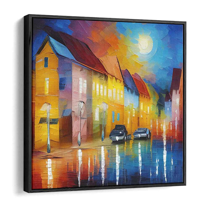 Moonlit Reflections: Vibrant Night Street Scene Canvas Art Print