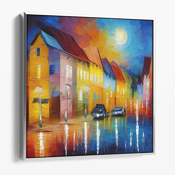 Moonlit Reflections: Vibrant Night Street Scene Canvas Art Print
