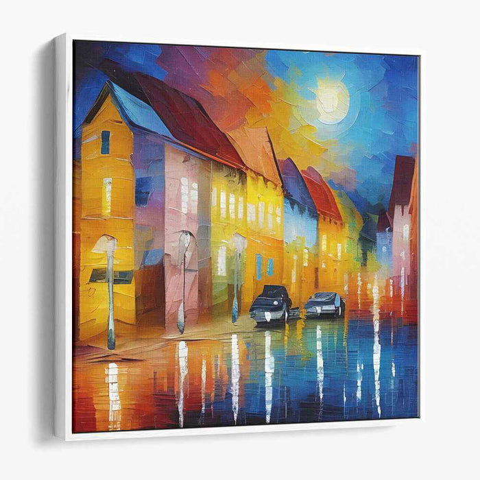 Moonlit Reflections: Vibrant Night Street Scene Canvas Art Print