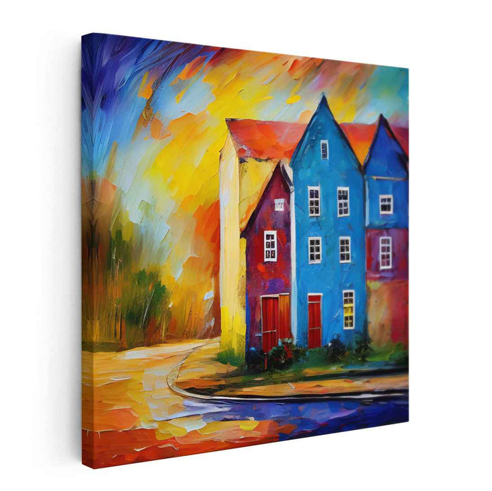 Vibrant Street Scene: Colorful Houses at Dusk Canvas Art Print