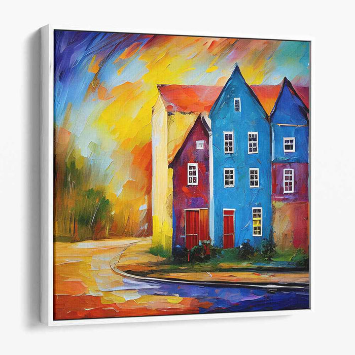 Vibrant Street Scene: Colorful Houses at Dusk Canvas Art Print
