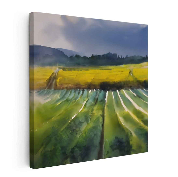 Emerald Fields Melody: Watercolor Landscape of Green and Gold Fields