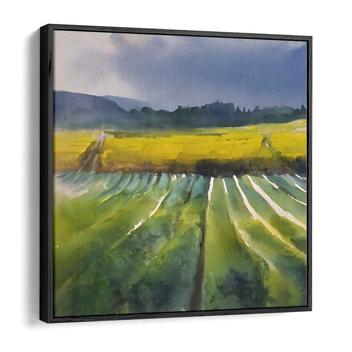 Emerald Fields Melody: Watercolor Landscape of Green and Gold Fields