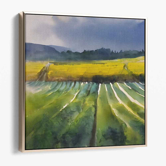 Emerald Fields Melody: Watercolor Landscape of Green and Gold Fields