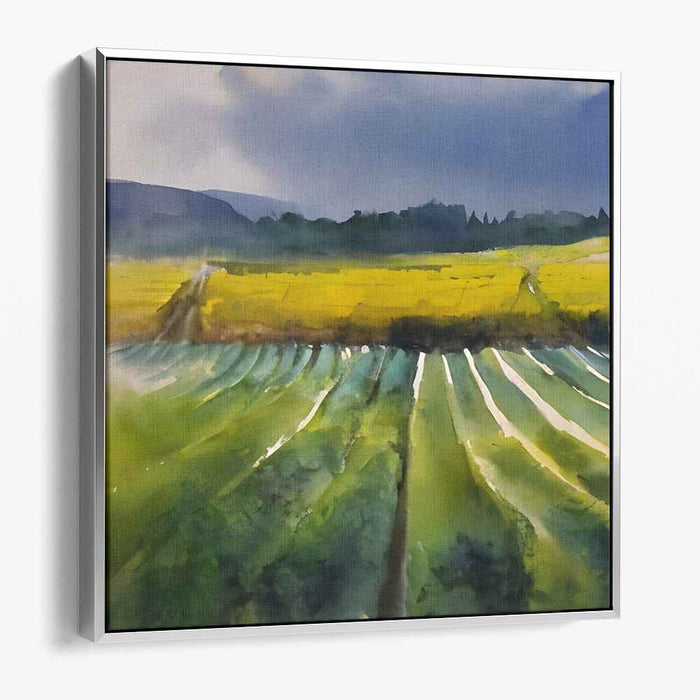 Emerald Fields Melody: Watercolor Landscape of Green and Gold Fields