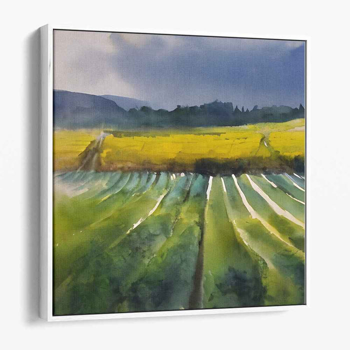 Emerald Fields Melody: Watercolor Landscape of Green and Gold Fields