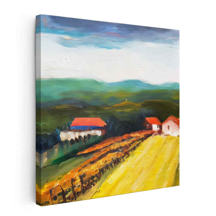 Gilded Countryside Haven: Vibrant Farmhouses Amid Golden Fields Canvas Art Print