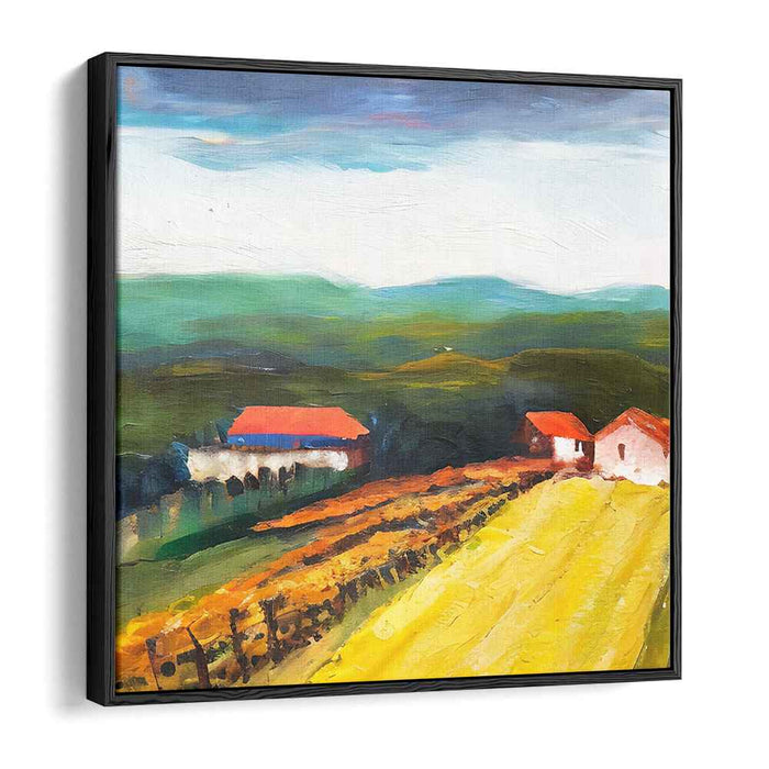 Gilded Countryside Haven: Vibrant Farmhouses Amid Golden Fields Canvas Art Print