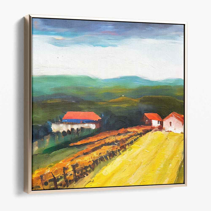 Gilded Countryside Haven: Vibrant Farmhouses Amid Golden Fields Canvas Art Print