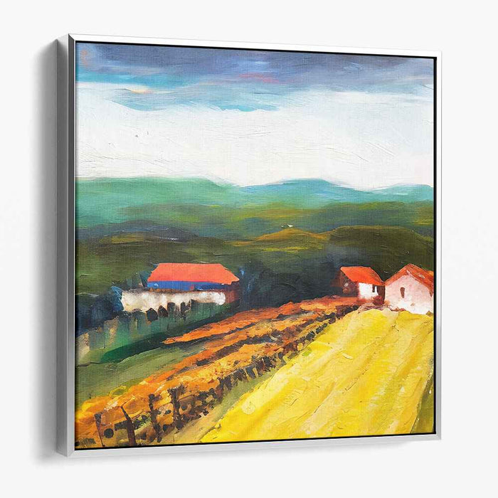 Gilded Countryside Haven: Vibrant Farmhouses Amid Golden Fields Canvas Art Print