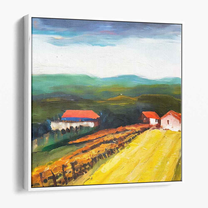 Gilded Countryside Haven: Vibrant Farmhouses Amid Golden Fields Canvas Art Print