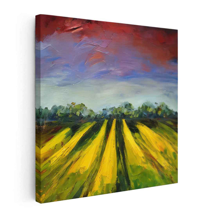 Golden Fields Under a Crimson Sky: Vibrant Landscape Canvas Art Print
